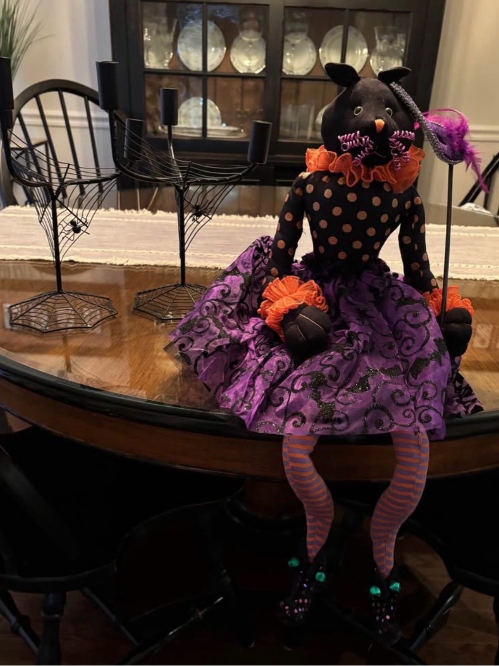 3 piece Halloween bundle. Masquerade cat, pair of spiderweb candelabra’s